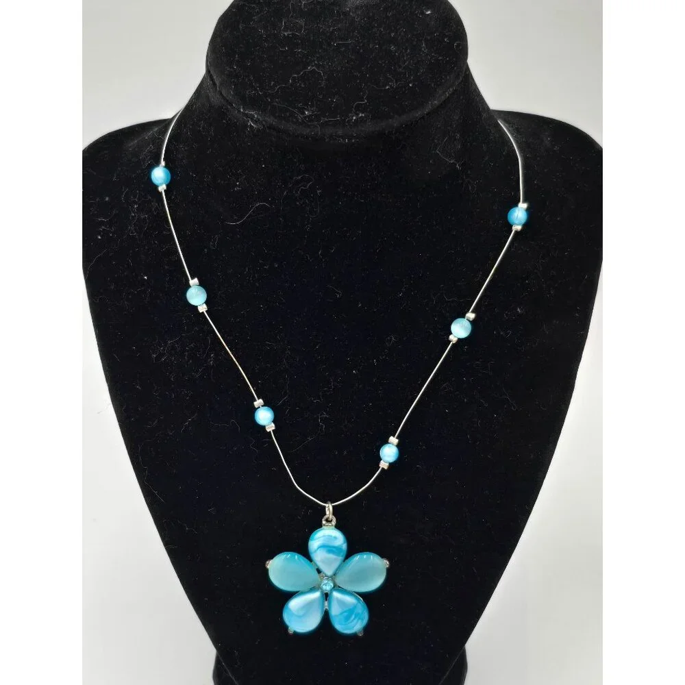 Silvertone Wire Necklace Blue Cats Eye Glass Resin Flower Pendant Jewelry - Picture 5 of 6